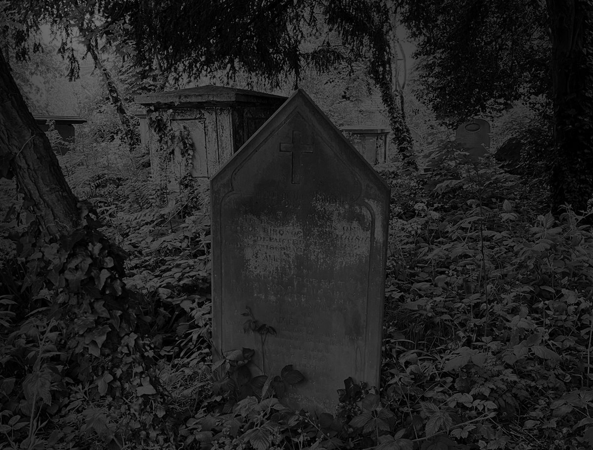 An old gravestone in an overgrown cemetery