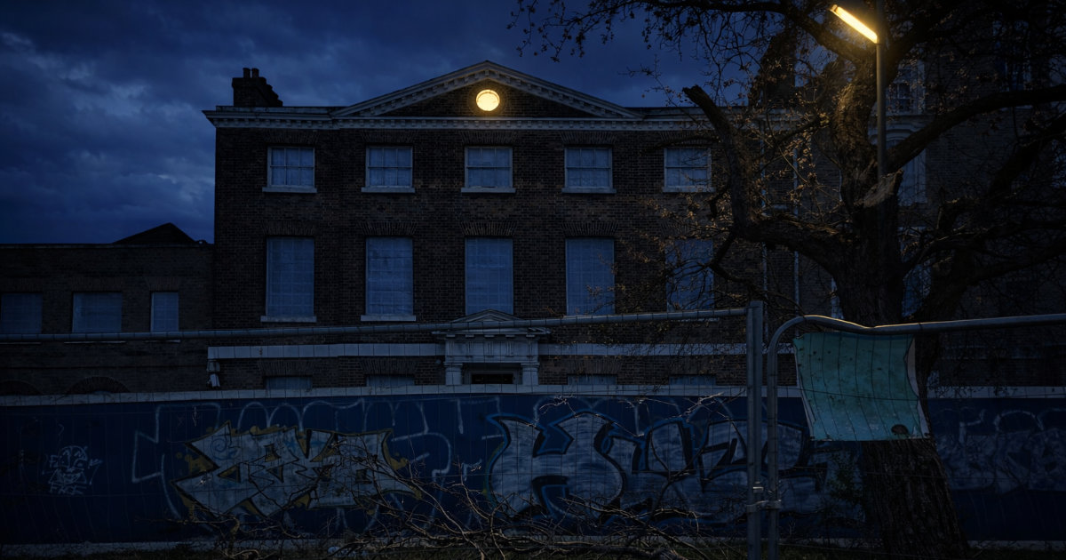 An abandoned building beneath a dark blue night sky